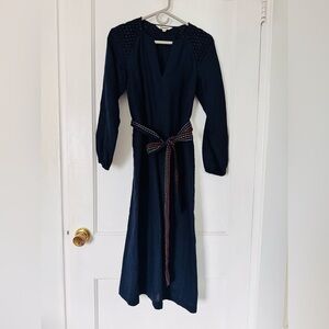 Boden Navy Long Sleeve Linen Maxi Dress with Rainbow belt and shoulders